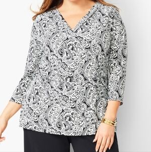 Talbots Plus Faux Wrap Ruched Blouse size 2X Black White Paisley
